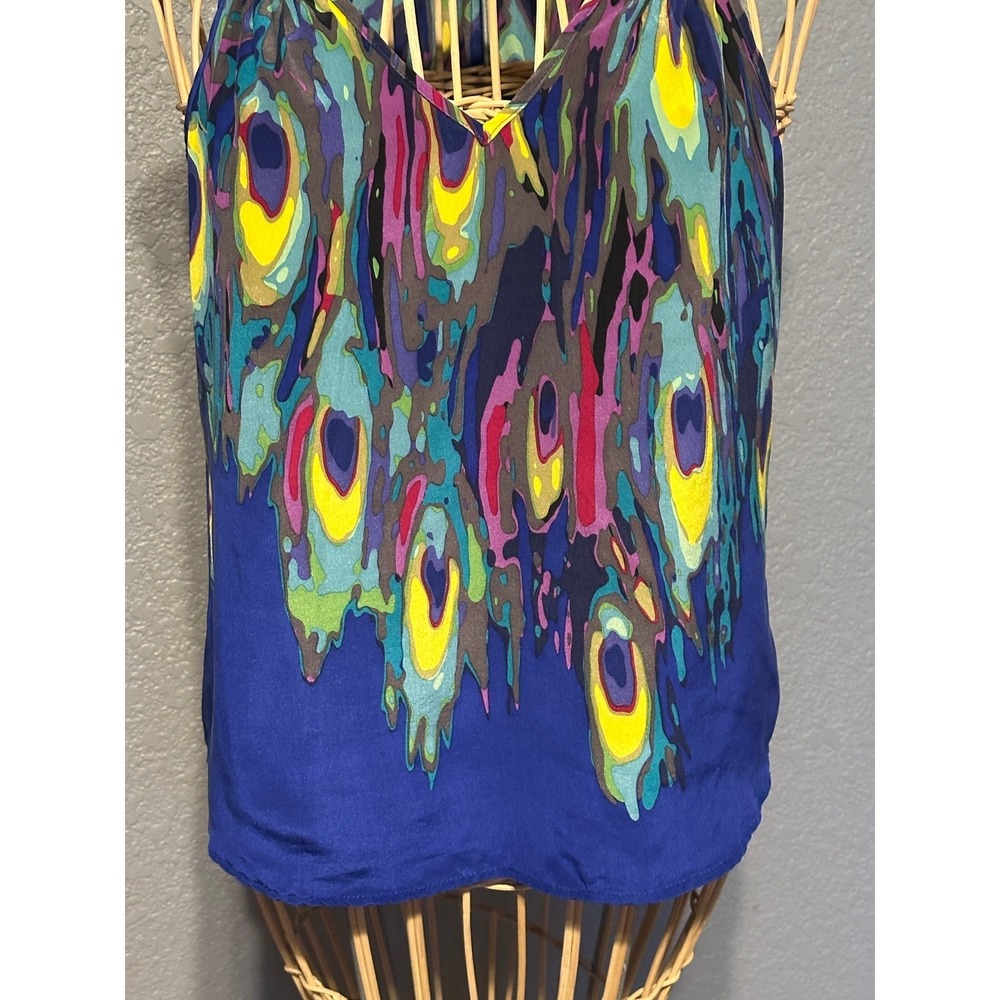 Trina Turk Silk Halter Top Blue Peacock Print V-Neck Women S Whimsigoth - Picture 9 of 15